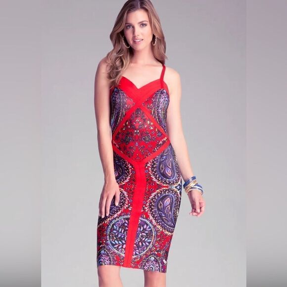bebe Print Colorblock Midi Dress Sz Large Downtown Paisley Bodycon Gorgeous EUC - Picture 1 of 11